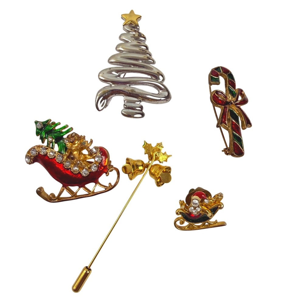 Vintage Christmas Pin Lot Tree Sleigh Candy Cane Stick Pin Holiday Brooches